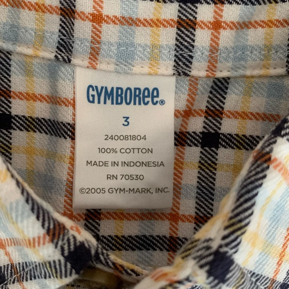 Vintage Gymboree Button Down Shirt Boys 3 White Blue Orange Plaid Short Sleeves